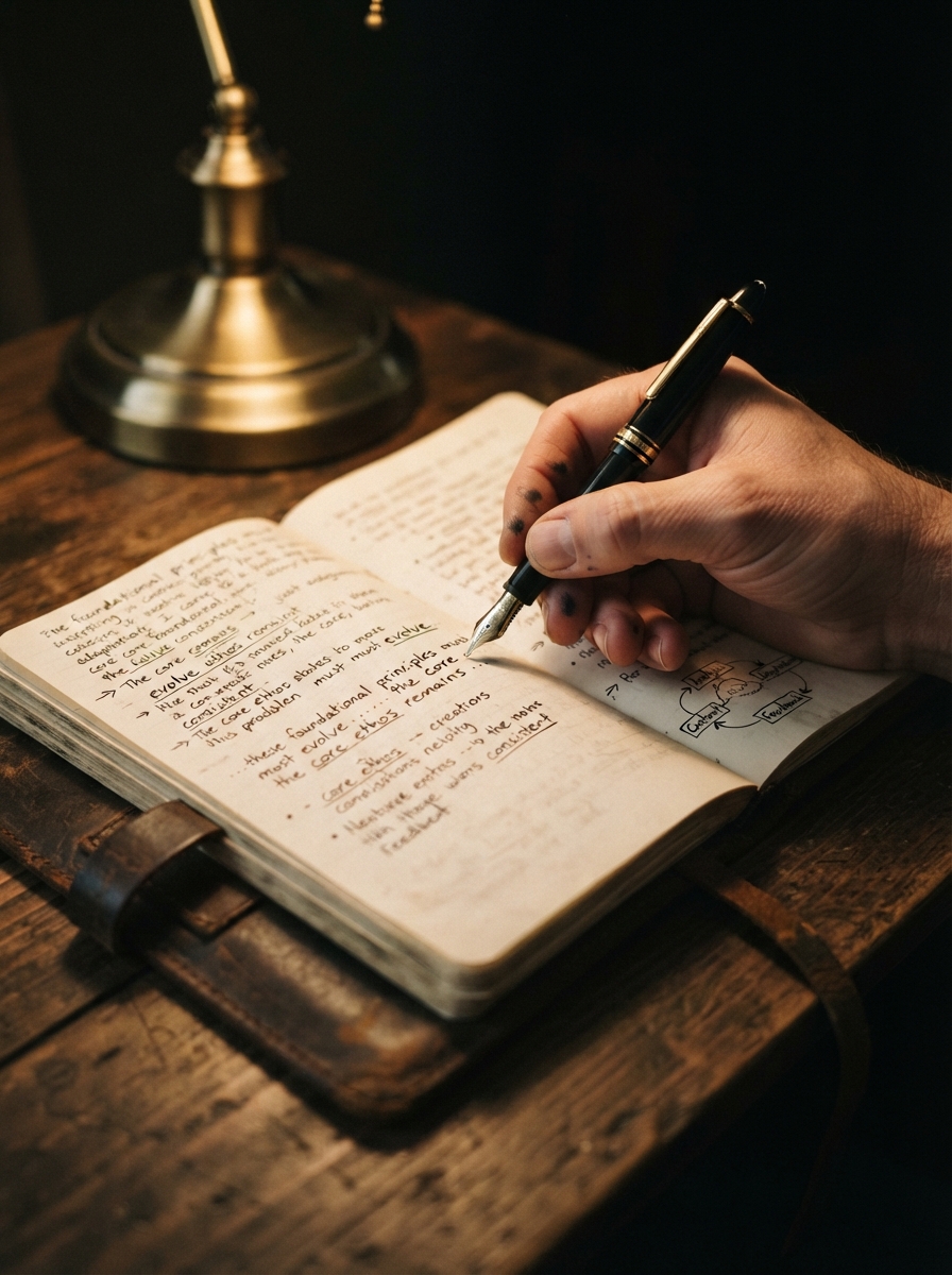 Handwritten strategy notes in a leather-bound ledger, lit by a brass desk lamp